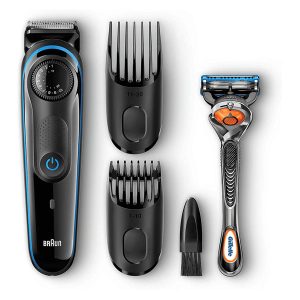 Braun Beard Trimmer for Men With 2 Combs And Free Gillette Fusion Proglide Razor, Black and Blue - BT3040