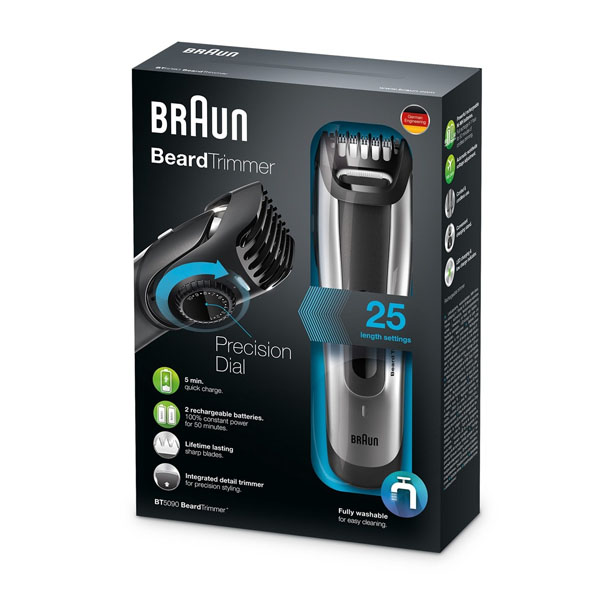 Braun Beard Trimmer With 2 Comb Attachments, Silver-Black - BT5090