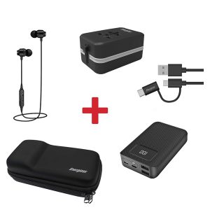 Ultimate Travel Pack For Android, Bluetooth Earphones, Car Charger, Multiple Pin Adjustable Universal Charging Adapter- EU-AU-UK-US, 10000 mAh Fast Charging Power Bank, 2 in 1 Type - C and Micro-USB Cable with Travel Kit Pouch 25cm Multicolour 25cm Multicolour