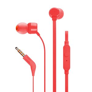 JBL T110 Wired Universal In-Ear Headphones, Pure Bass Sound, Tangle-free, One Button Remote with Microphone, Headset Compatible with All Devices, Red - T110RED