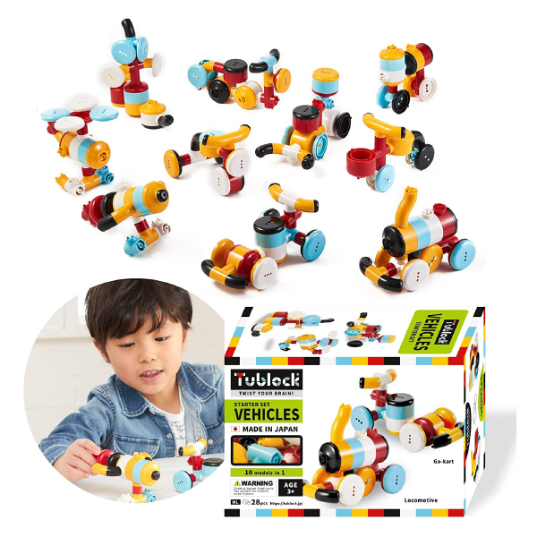 Tublock Creative Building Brick Starter Kit for Boys and Girls (Vehicles) - 10 Models in 1 - 28 Pieces, Made in Japan - TBE001