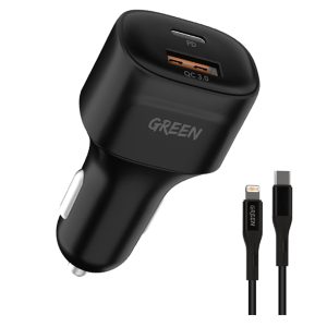 Green Dual Port Car Charger PD+QC3.0 20W with PVC Type-C to Lightning Cable 1.2M - GNCQC3PDUBK