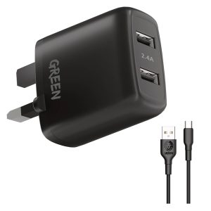 Green Dual USB Port Wall Charger 12W UK with PVC Type-C Cable 1.2M Black - GNC24ATYCBK