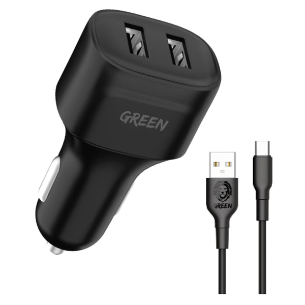 Green Dual Port Car Charger 12W with PVC Type-C Cable 1.2M Black - GNCC24TYCBK