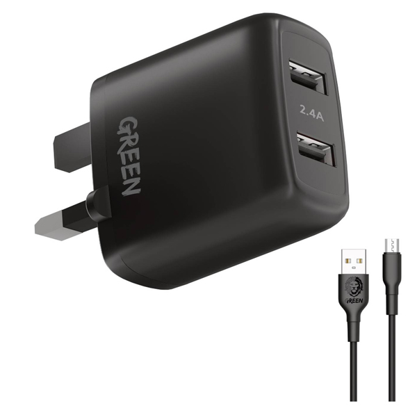 Green Lion Dual USB Port Wall Charger 12W with Micro USB Cable 1.2M Black - GNC24AMCRBK
