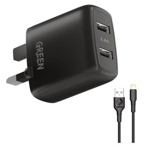 Green Dual USB Port Wall Charger 12W UK with PVC Lightning Cable 1.2M Black - GNC24AIP6BK