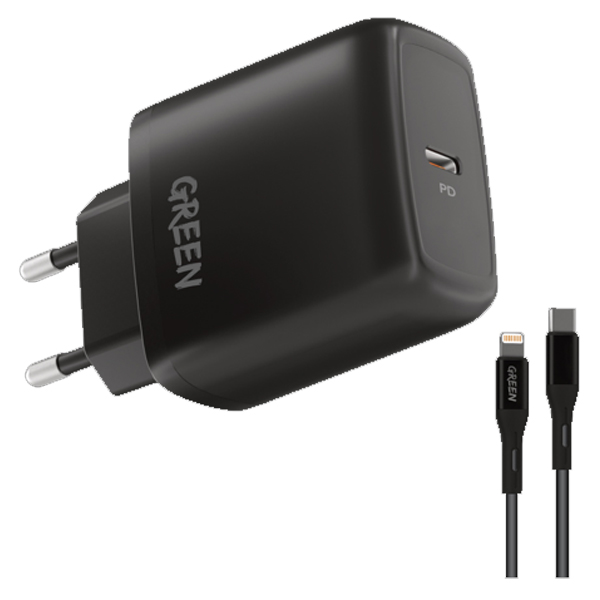 Green Type-C Port Wall Charger 20W EU with PVC Type-C to Lightning Cable 1.2M Black - GN20EUCLBK