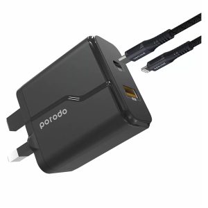 Porodo Wall Charger With Type-C to Lightning Cable 3Pin PD And QC Black - PD-18PDUKL-BK
