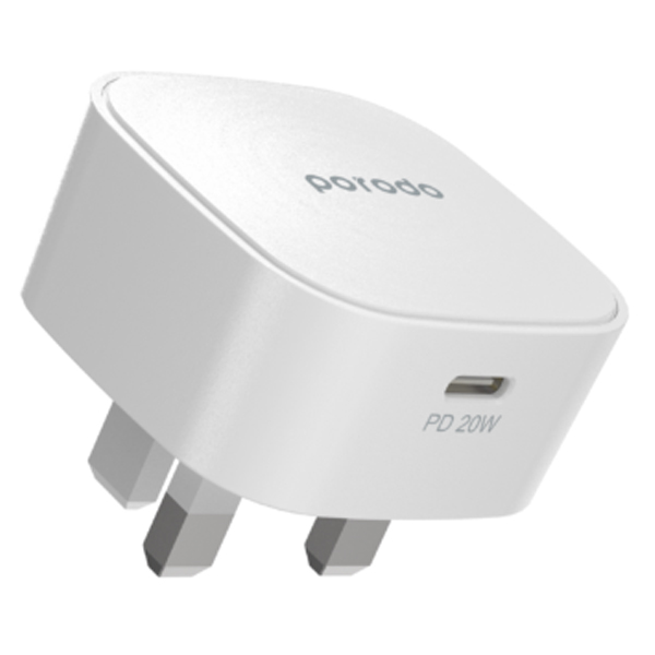 Porodo Wall Charger Adapter With Type-C to Lightning Cable White - PD-FWCH004-L-WH