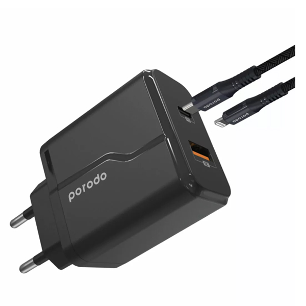 Porodo Wall Charger with Type-C to Lightning PD Cable 2Pin QC Black - PD-18PDEUL-BK