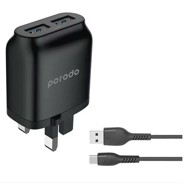 Porodo Main Wall Charger, Dual USB with Type-C Cable Black - PD-0203TU2-BK