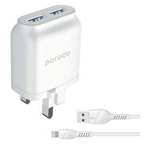 Porodo Main Wall Charger, Dual USB Port With Lightning Cable White - PD-0203LU2-WH