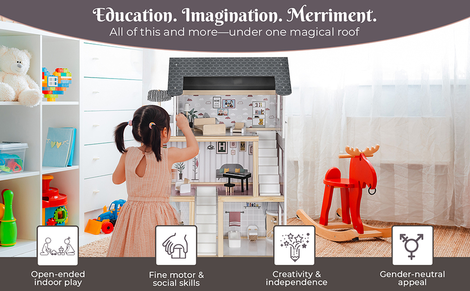 Kidzabi 3-Floor Wooden Doll House Play Set Toy For Girls - W06A413