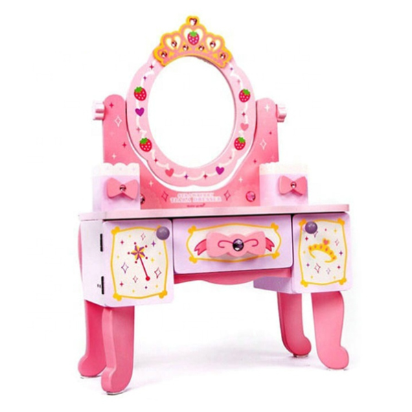 Wooden Vanity Table, Princess Makeup Dressing Table with Mirror, Pink - W08H120