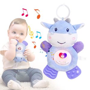 Kidzabi Musical Baby Teething Toys with Soft Light, Teething Toys for Babies 6-12 Months 18 Months, PA Free Washable Plush Infant Toys with Hook for Crib, Sensory Baby Toys,Perfect Baby Gifts-Cow - SLE20002
