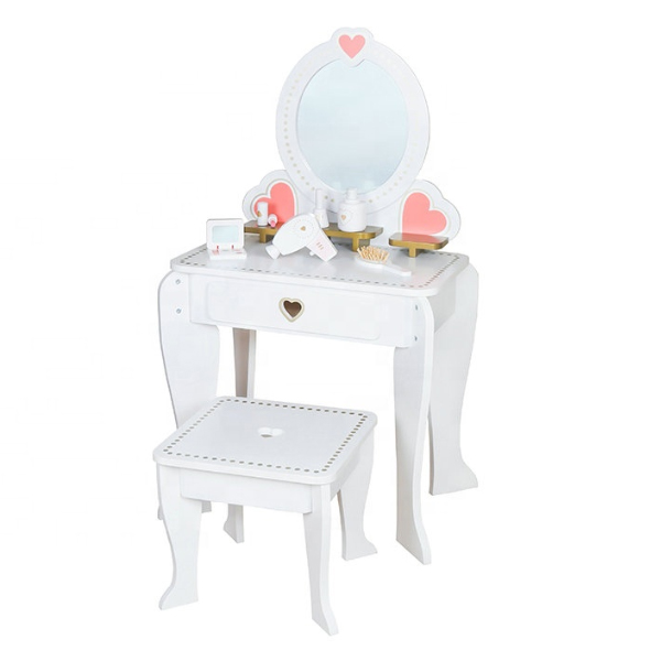 Kidzabi Pretend play white wooden toy vanity table and stool for girls - W08H102B