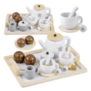 Wooden Tea Set for Little Girls, Wooden Toys Toddler Tea Set Play Kitchen Accessories for Kids Tea Party with Play Food - W10B318B