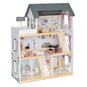 Kids Wooden Dollhouse, Accessories & Furniture are Included, with Balcony & Stairs, 3 Story Easy to Assemble Doll House Toy - W06A413