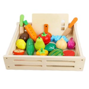 Wooden Set Food Fruits & Vegetables Toys Kids Kitchen Pretend Toy Cutting with Wood Storage Box - W10B224
