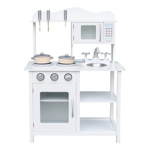 Wooden Kitchen Toys Playset for Toddlers, Pretend Play White Cooking Set with Accessories – Includes Sink, Oven, Microwave, Pots - W10C404