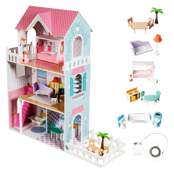 Kidzabi 3-Floor Wooden Doll House Play Set Toy For Girls, Rose/ Light Blue - W06A379