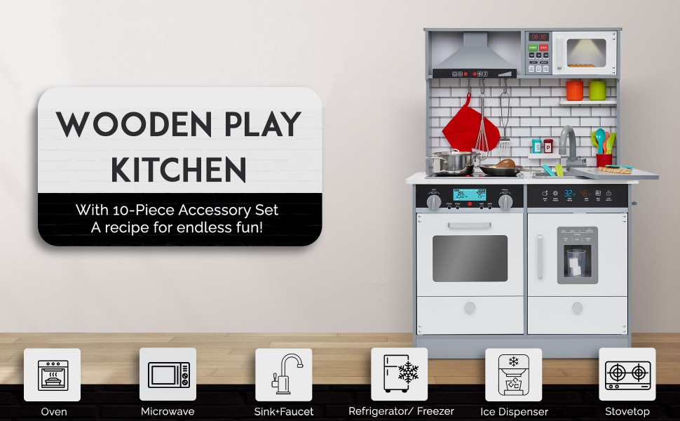Kidzabi Wooden Kitchen Play Set with 10PCS Accessories for Kids - W10C493I
