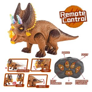 Kidzabi Electric RC Triceratops Dinosaur Toy with LED and Sound for Kids - HZ21001Brown