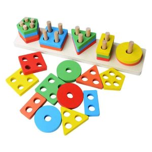 Wooden Shape Sorter Board, Geometric Building Block Board Toy Shape Color Recognition Stack Sort Toy for Kids Toddler Children - W13D112