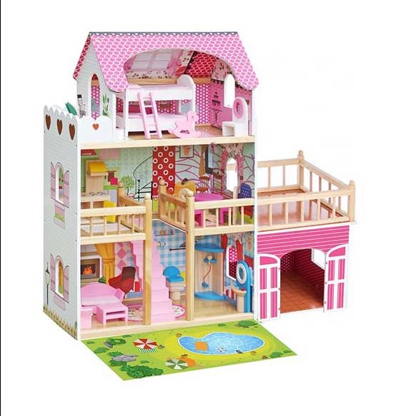 Kidzabi 3-Floor Wooden Doll House Play Set Toy with Accessories For Girls - W06A333C