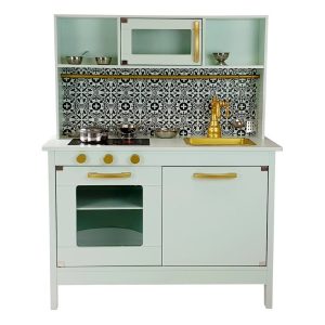 Wooden Play Kitchen Toy with Stainless Kitchen Accessories for Kids Mint Green - W10C582