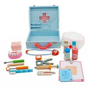 Doctors Kit Children Tool Medical Set Wooden Toys 3 years Role pretend play kids Blue Doctor toy. Young Dentist & Nurses medicine carry case for Kids Surgical tools games for toddlers boys girls - W10D012