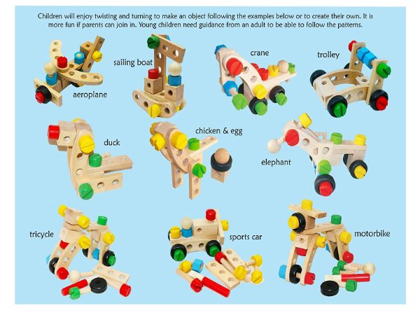 Kidzabi Wooden Nuts and Bolts Building Blocks Set 30 PCS for Kids - W03C012