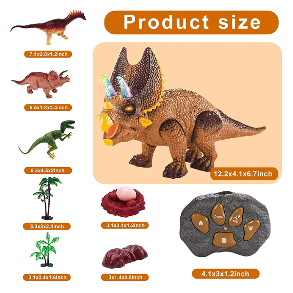 Kidzabi Electric RC Triceratops Dinosaur Toy with LED and Sound for Kids - HZ21001Brown