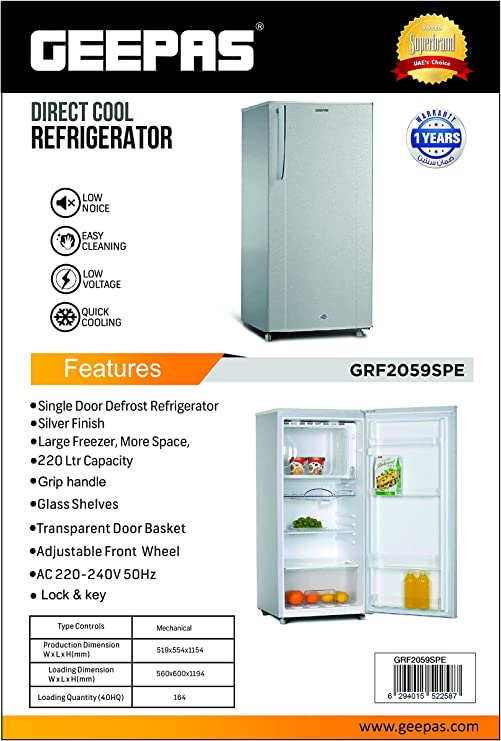 Geepas GRF2059SPE | 220L Single Door Refrigerator