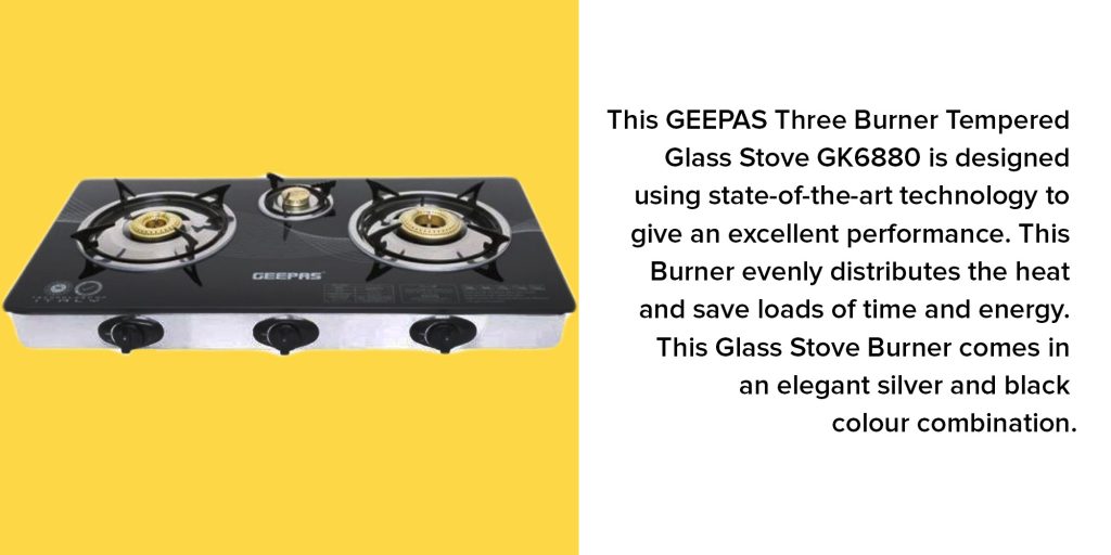 Geepas 3 Burner Gas Stove Top Glass, Black GK6880 PLUGnPOINT