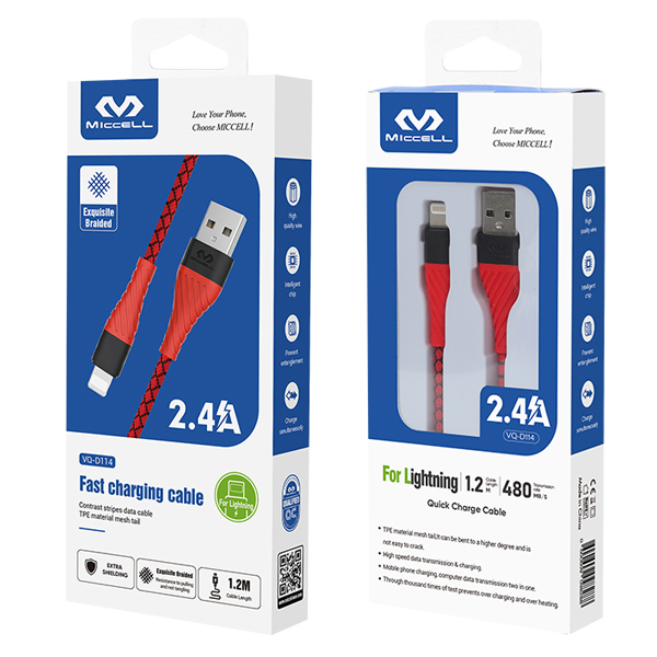 Miccell 2.4A/1M TPE Lightning Cable Colors Grey/Red - VQ-D114-IP