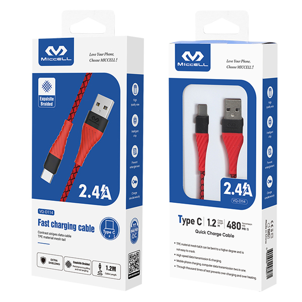 Miccell 2.4A/1M TPE Type-C Colors Grey/Red - VQ-D114-TC