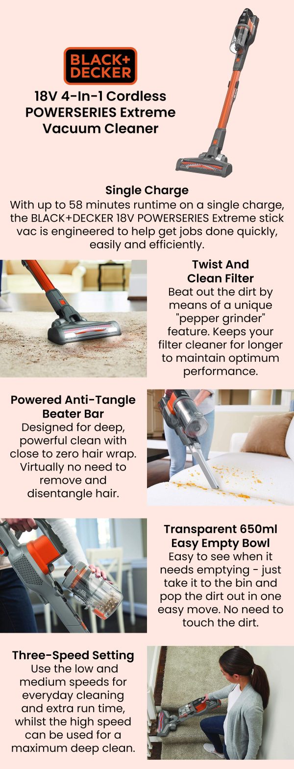 Black+Decker BHFEV182CGB 18v 2.0Ah Floor Extension Stick Vacuum
