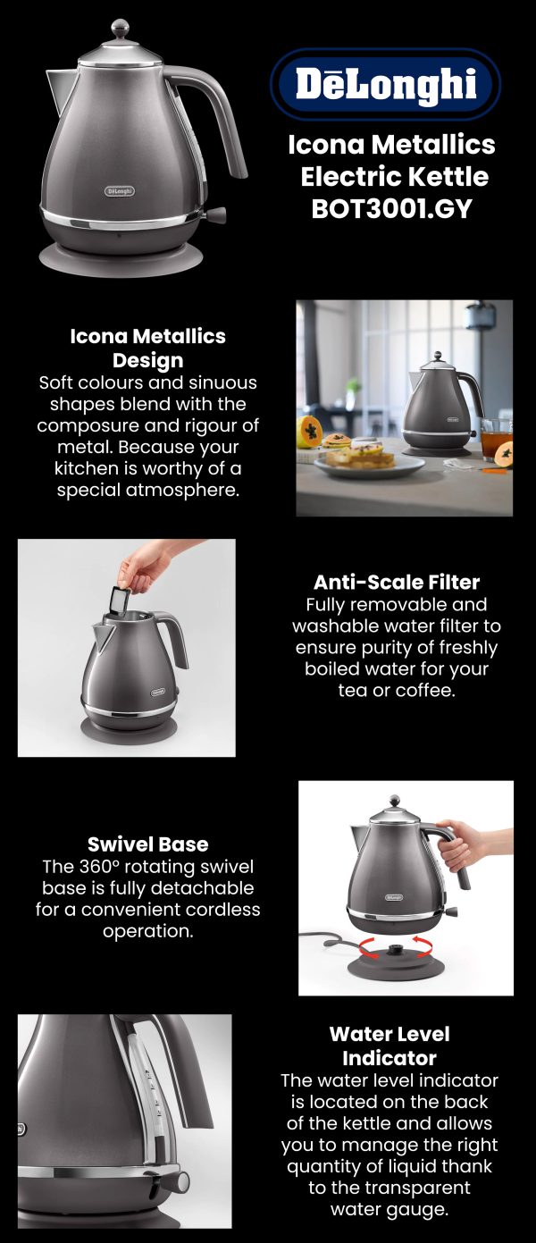 De’Longhi Icona Metallics Electric Kettle 1.7L 3000W, Grey KBOT3001