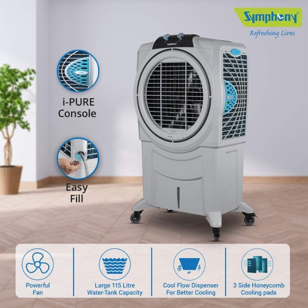 Symphony Desert Air Cooler For Home with Honeycomb Pads, Powerful +Air Fan, i-Pure Console and Low Power Consumption (115L, Grey) – SUMO-115XL