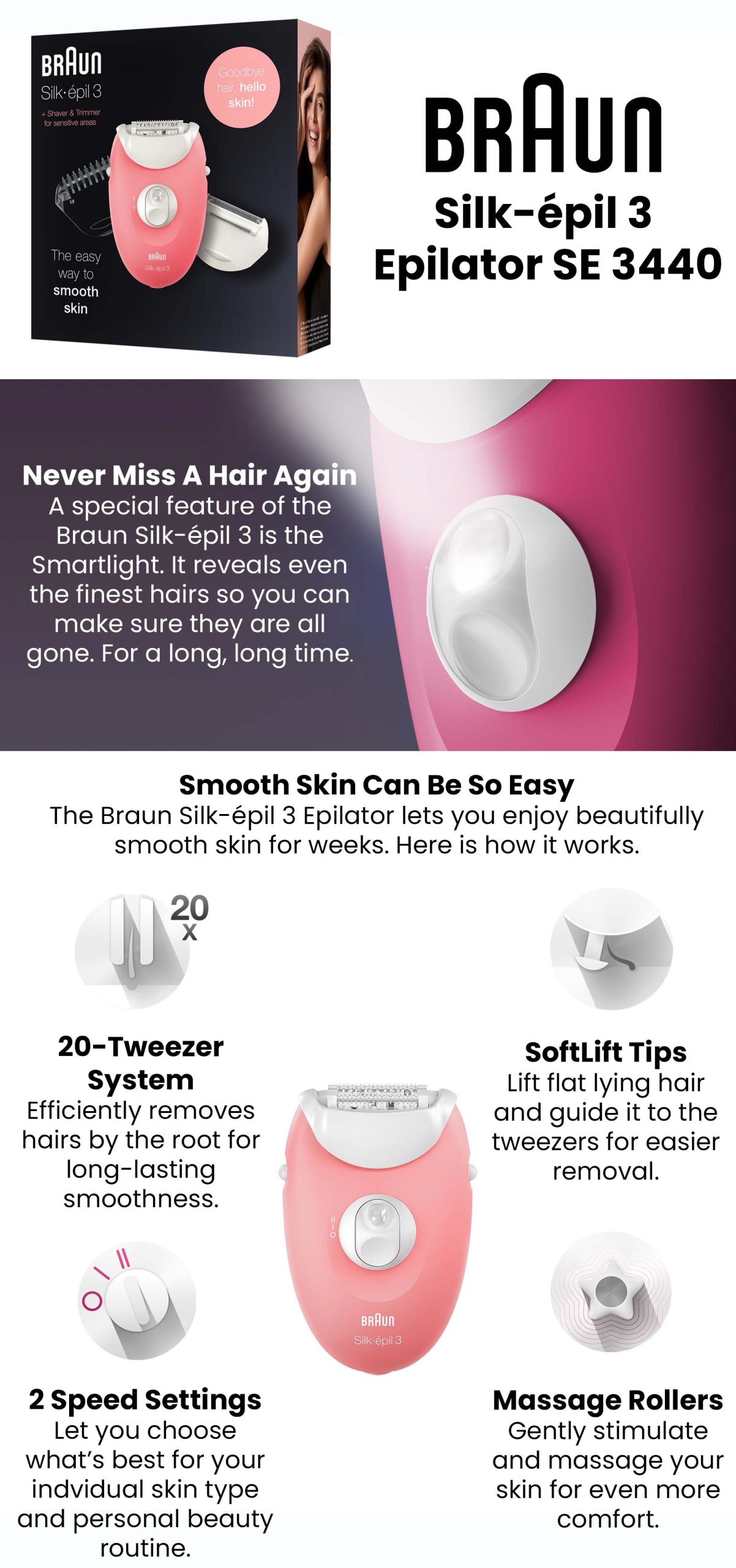 Braun Silk-epil 3 Hair Removal Epiliator, Pink - SE3440