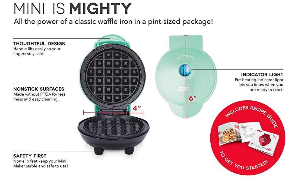 DASH Mini Maker for Individual Waffles, Hash Browns, Keto Chaffles with Easy to Clean, Non-Stick Surfaces, 4 Inch, Aqua - DMW001AQ
