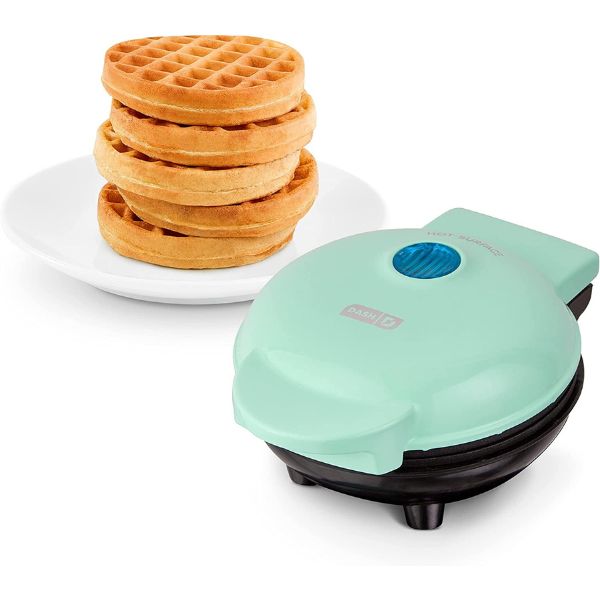 DASH Mini Maker for Individual Waffles, Hash Browns, Keto Chaffles with Easy to Clean, Non-Stick Surfaces, 4 Inch, Aqua - DMW001AQ