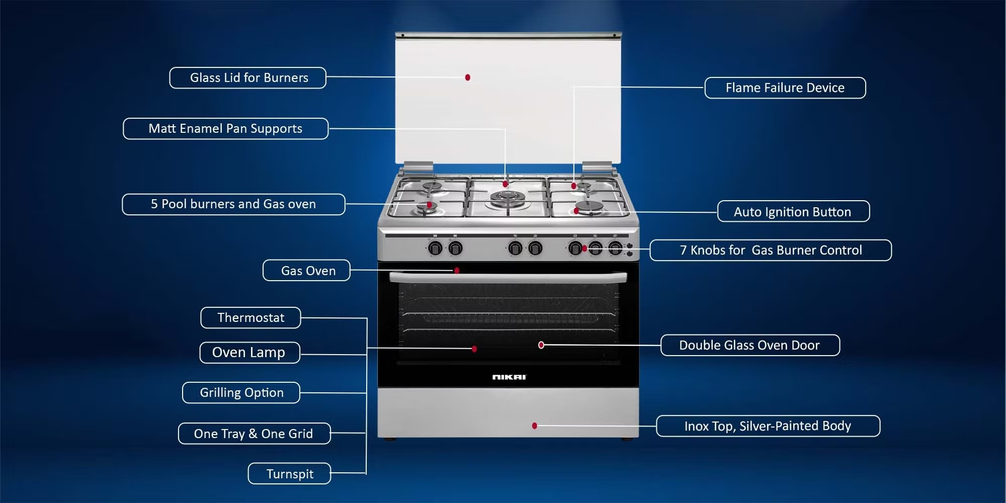 NIKAI U9063FS | 5 Burners Gas Cooking Range 