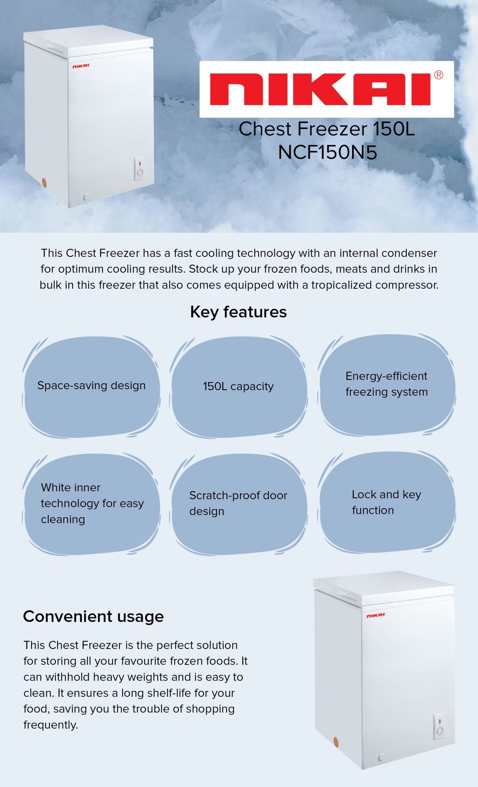 NIKAI 150L Chest Freezer, White - NCF150N5