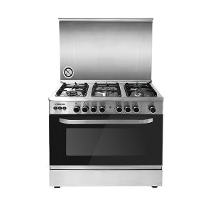 Nikai Gas Cooking Range 5-Burner With Oven Size 90 X 60 cm Silver Color With Silver Top And Glass Lid - U6090EG