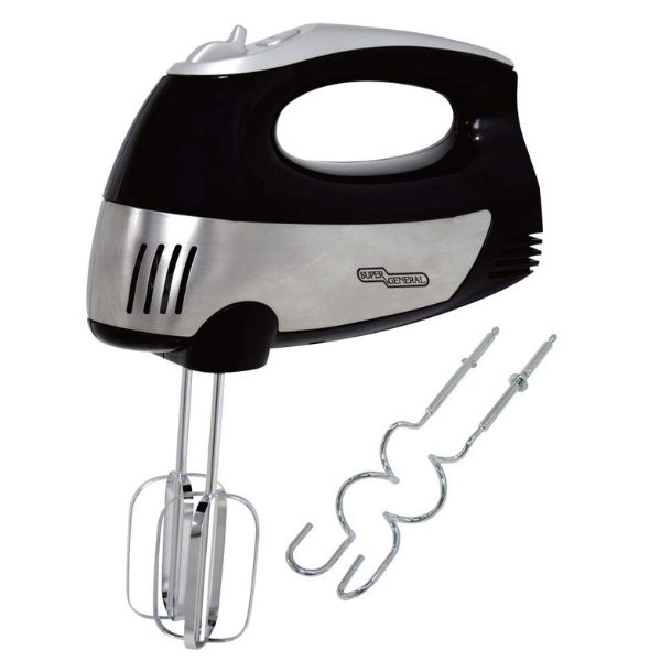 Super General 300 watts Turbo Function Hand Mixer with Safety Device, Chrome beater, Black/Silver - SGHM82SD