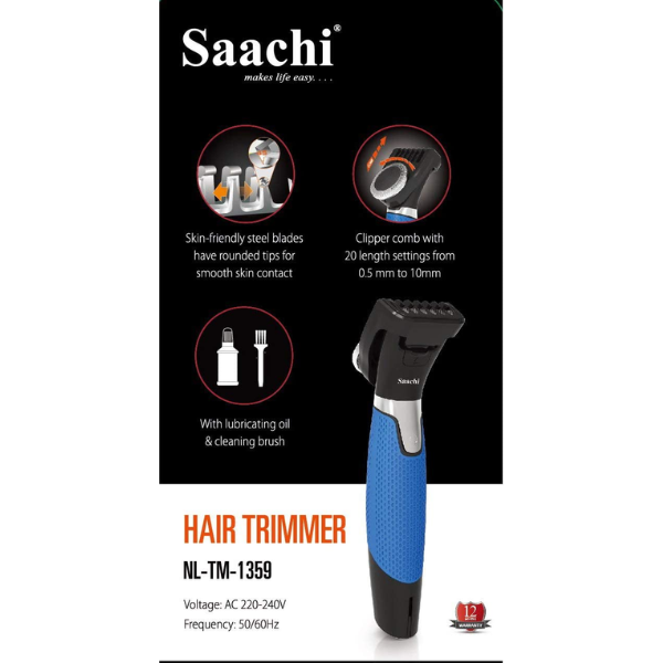 Saachi Waterproof Hair Trimmer With USB charging, Blue - NL-TM-1359-BL