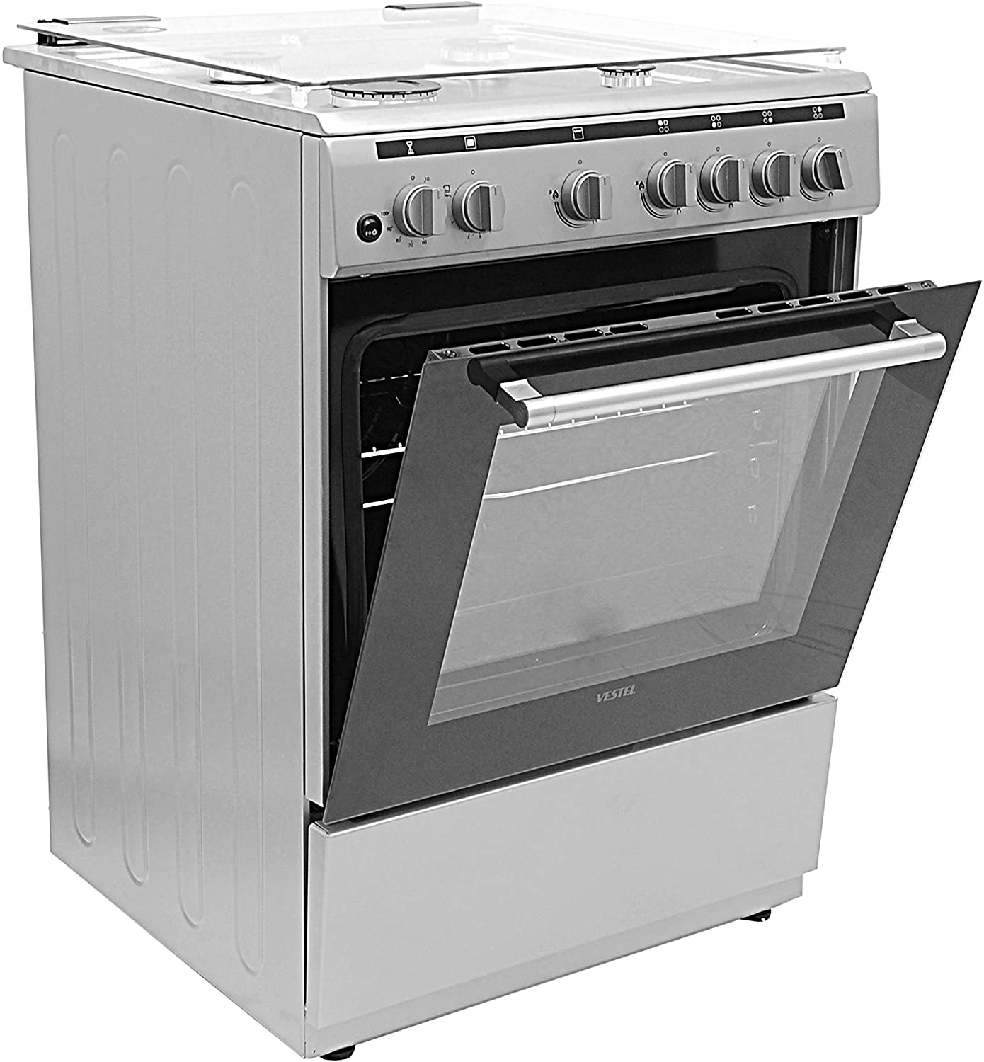 Vestel Freestanding Gas-Cooker 4-Burner Full-Safety, Stainless-Steel Cooker, Gas Oven with Rotisserie, Silver, 60 x 60 x 85 cm – F66G40X