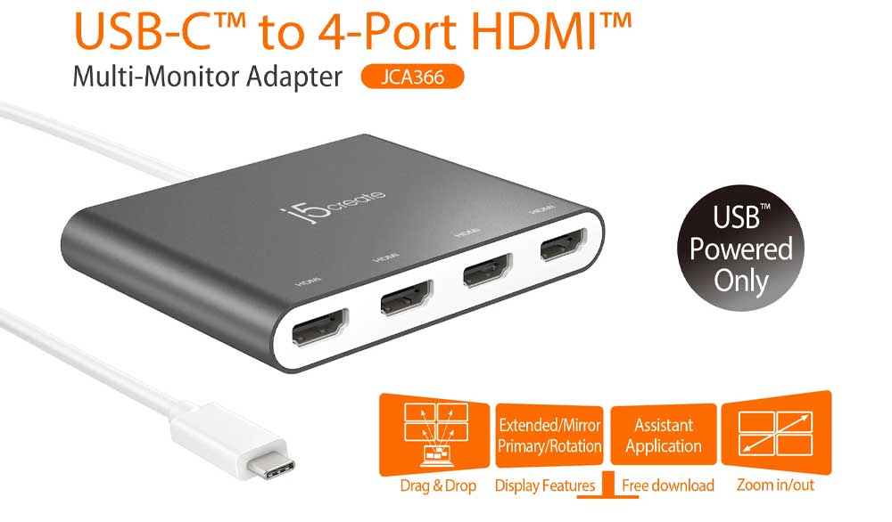 J5 Create USB C to 4-Port HDMI Multi-Monitor Adapter - JCA366